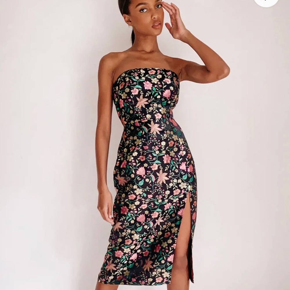 Lulus Make a Move Black Satin Floral Jacquard Strapless Midi Dress
